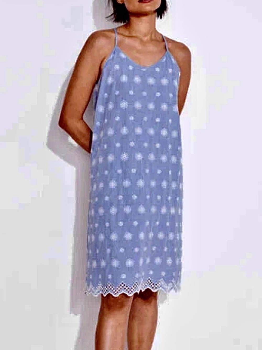 NWOT Haven Well Within Chambray Floral Embroidered Dress Scalloped Lace Hem Sz M